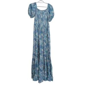 ECT Womens Medium Blue Floral Paisley Smocked Maxi Dress Cottage Tiered